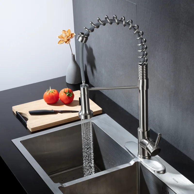 contemporary brushed chrome kitchen faucet with flexible spray head easy cleaning