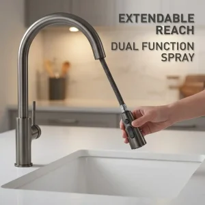 gunmetal gray deck mounted kitchen faucet with pull down spray and dual function nozzle