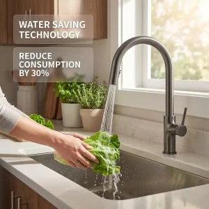 Gunmetal gray pull down kitchen faucet single handle deck mounted stainless steel modern design