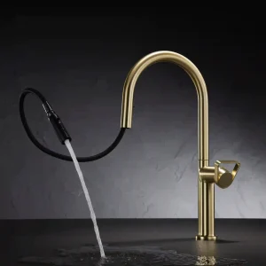 contemporary brushed gold kitchen faucet with flexible spray head easy cleaning