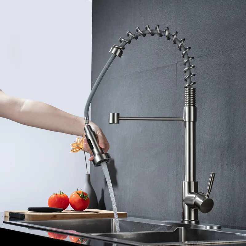 luxury brushed chrome kitchen faucet high arc pull out sprayer elegant modern kitchen