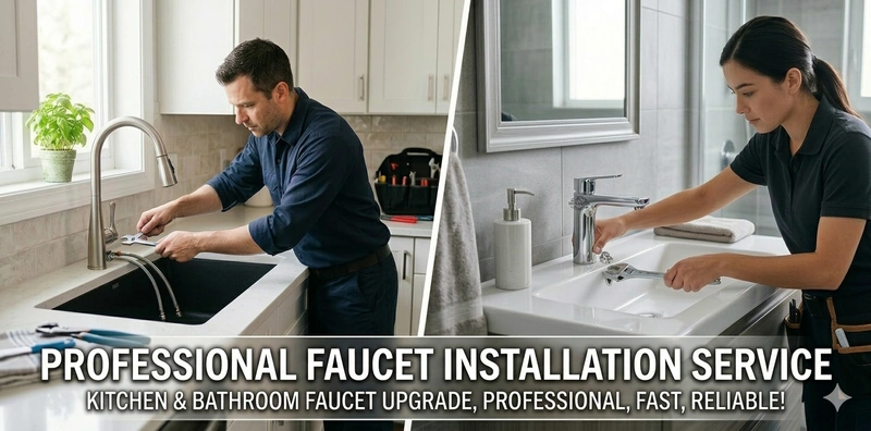 Kitchen faucet installation and bathroom faucet installation banner, modern sink tap setup, premium bathroom vanity faucet, stainless steel kitchen mixer tap, USA home improvement